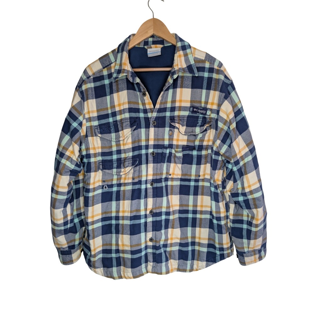 Columbia PFG Fleece Lined Flannel Shirt Jacket XL Blue Yellow Plaid Shacket Fish